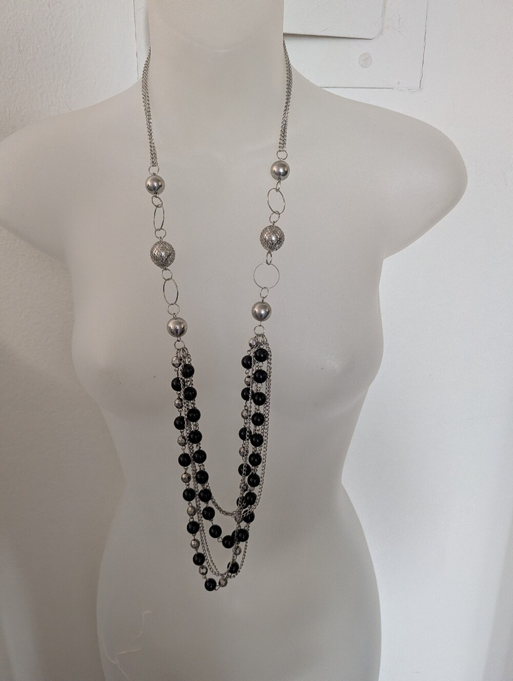 Long Multi-Strand Silver Necklace with Black Beads
